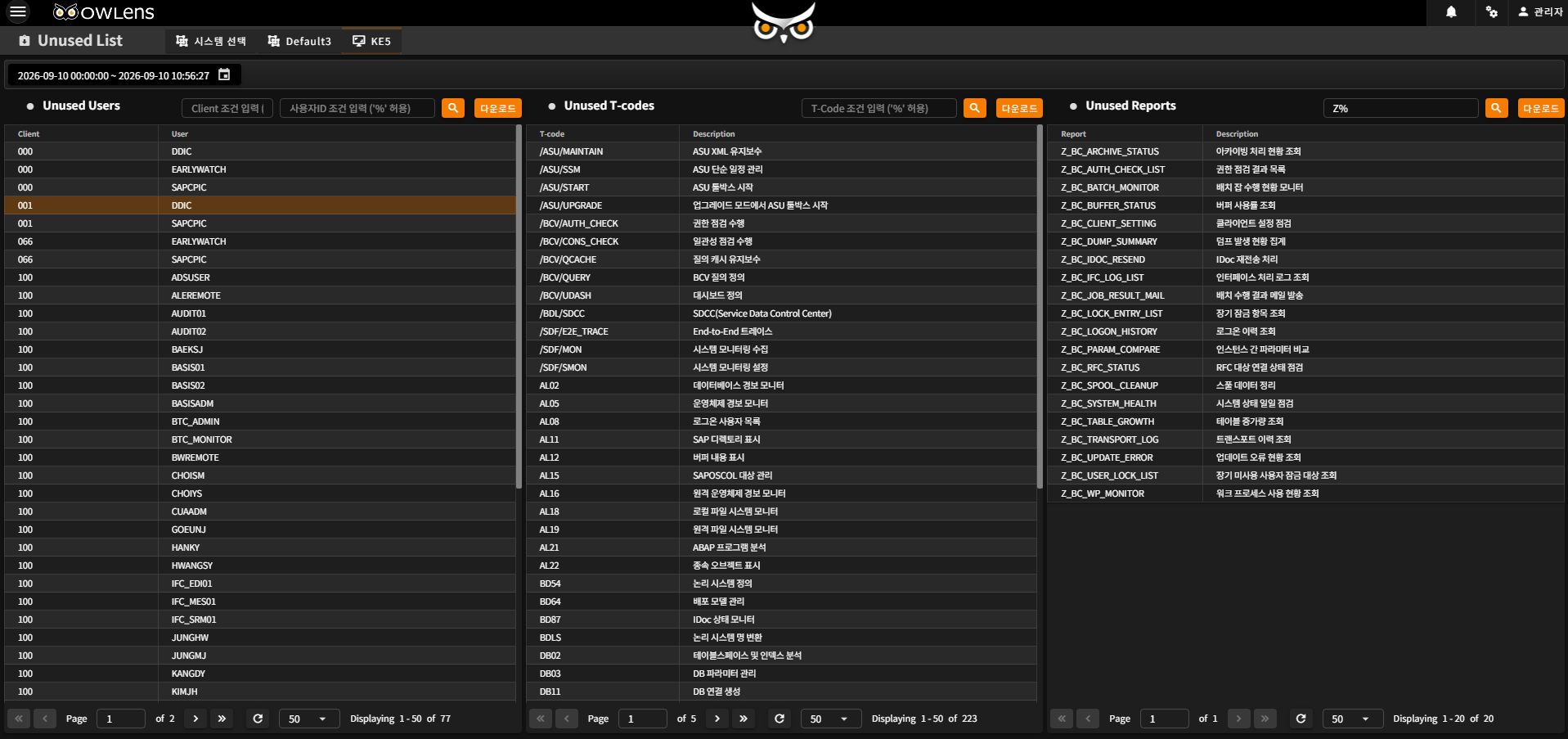 OWLens Unused List 미사용 사용자 · 트랜잭션 · 리포트 화면